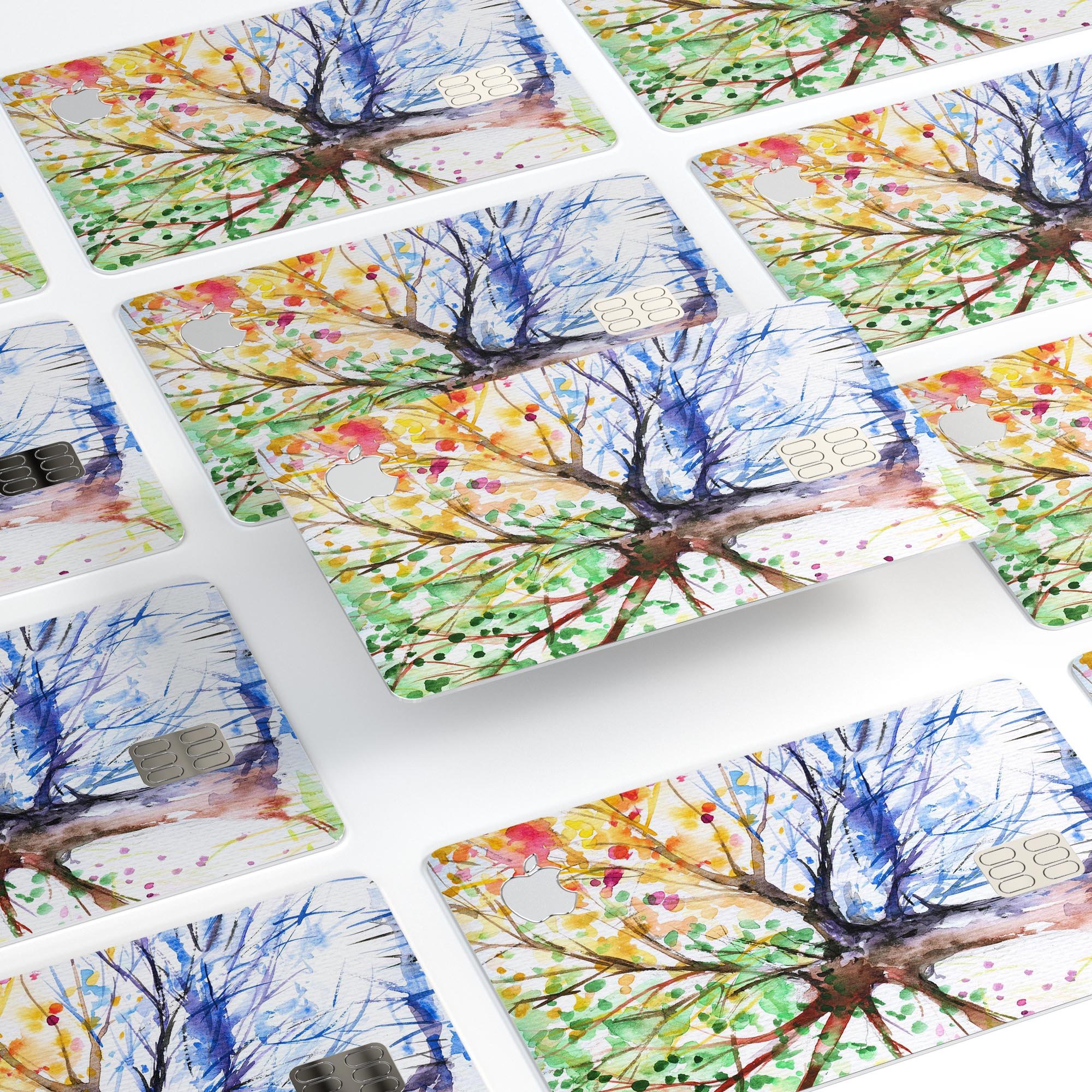WaterColor Vivid Tree decal skin for Apple Card, showcasing vibrant colors and premium vinyl material.